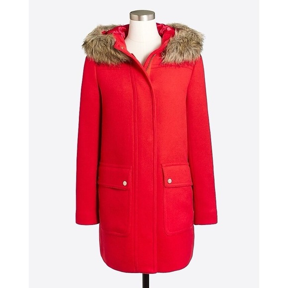 J. Crew Womens Sz 12 Vail Parka Wool Blend Jacket Red Faux Fur Trim Hood Classic - Picture 1 of 12